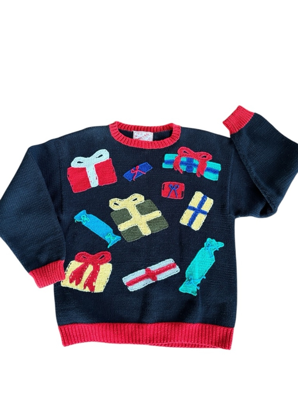 Vintage Handmade Black Knit Christmas Gift Crew Neck‎ Sweater Size L
